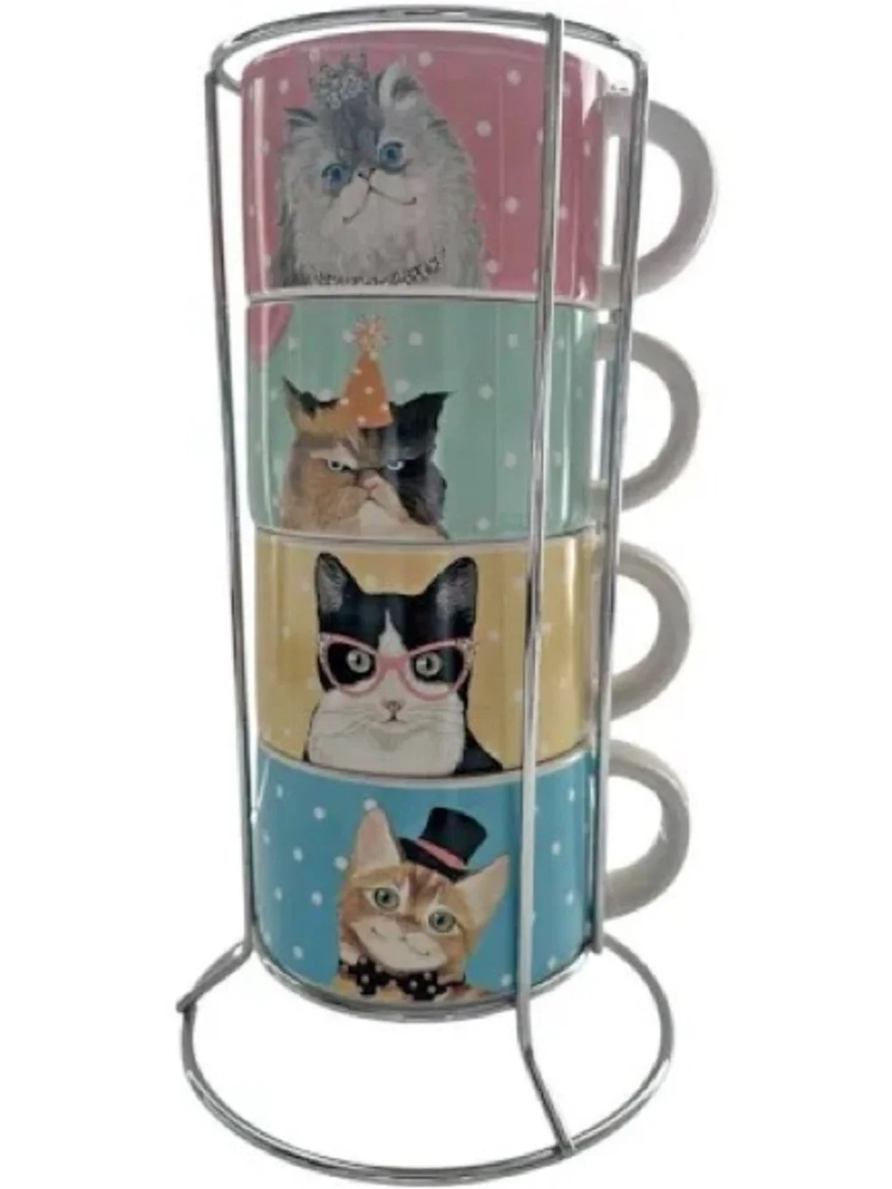 Pier 1 Stackable Cat Mug Set with Stand - Pastel Multi-Color